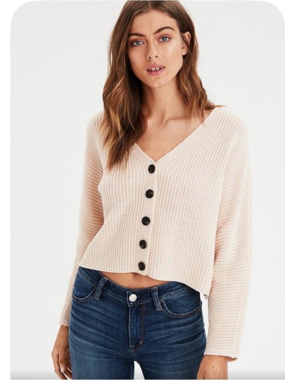 American Eagle Outfitters Beige V-Neck Button Front Cardigan